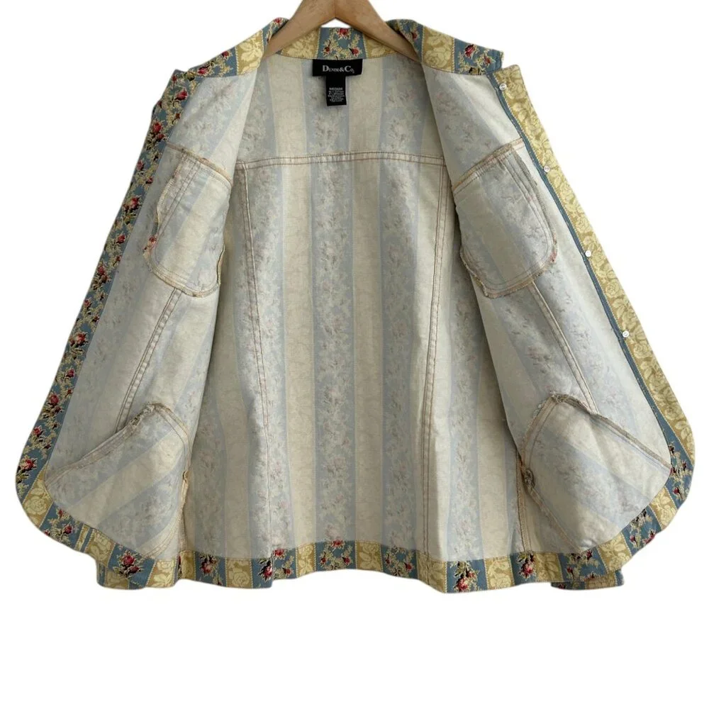 Denim & Co Vintage Striped Floral Denim Jean Jacket (M)